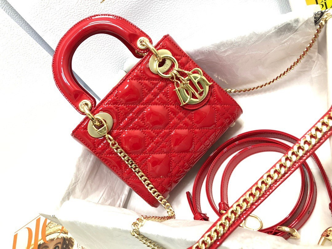 Dior Lady Dior Mini Chain Bag with Chain in Red Patent Calfskin - Image 2
