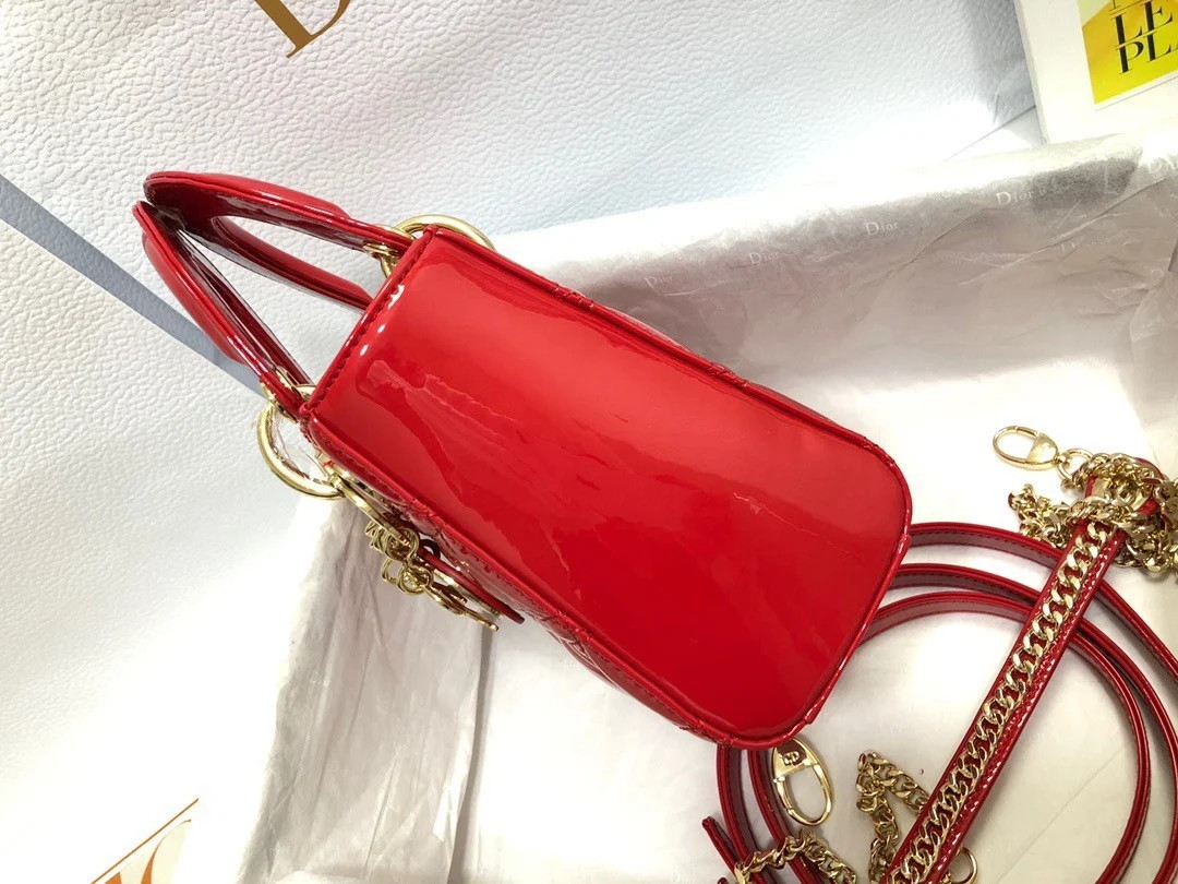 Dior Lady Dior Mini Chain Bag with Chain in Red Patent Calfskin - Image 3