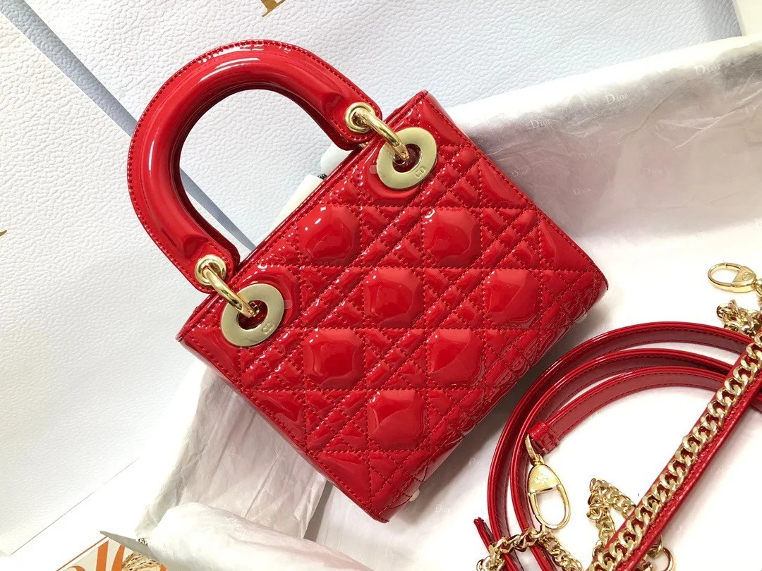 Dior Lady Dior Mini Chain Bag with Chain in Red Patent Calfskin - Image 4