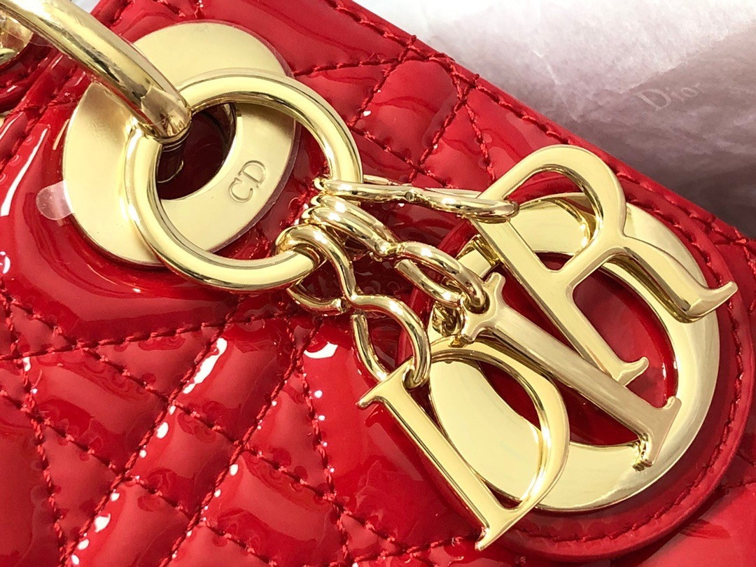 Dior Lady Dior Mini Chain Bag with Chain in Red Patent Calfskin - Image 5