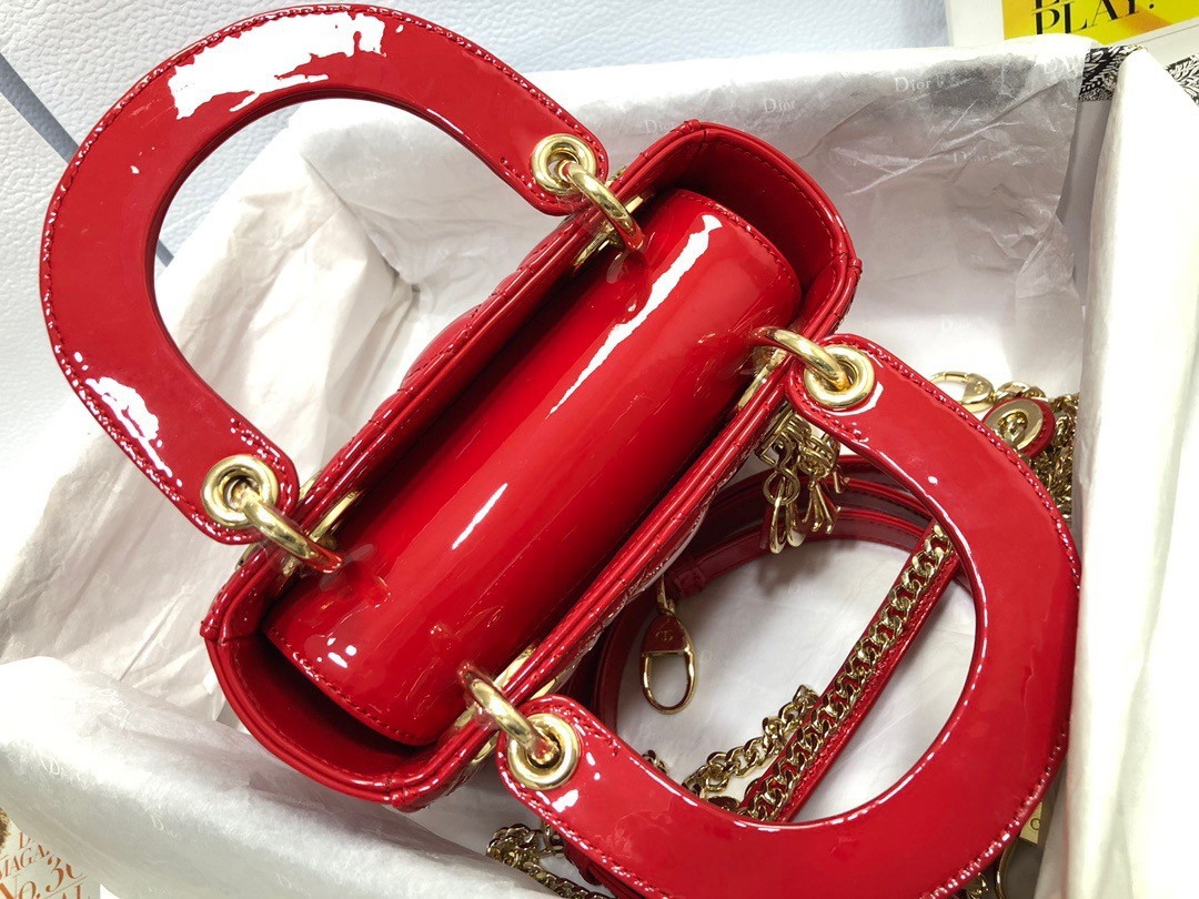 Dior Lady Dior Mini Chain Bag with Chain in Red Patent Calfskin - Image 6
