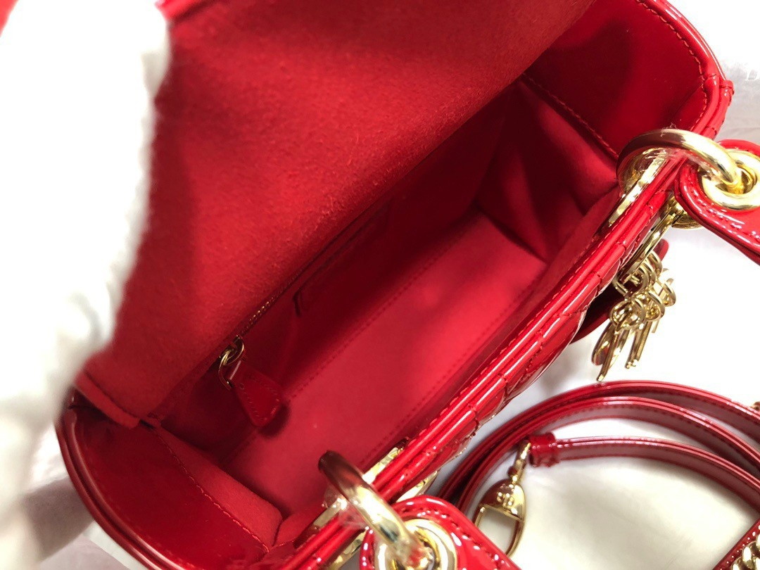 Dior Lady Dior Mini Chain Bag with Chain in Red Patent Calfskin - Image 8