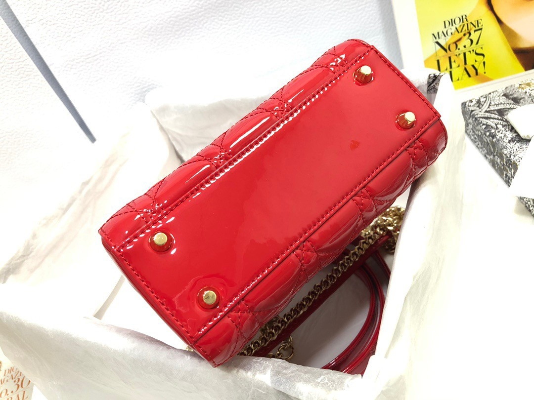 Dior Lady Dior Mini Chain Bag with Chain in Red Patent Calfskin - Image 9