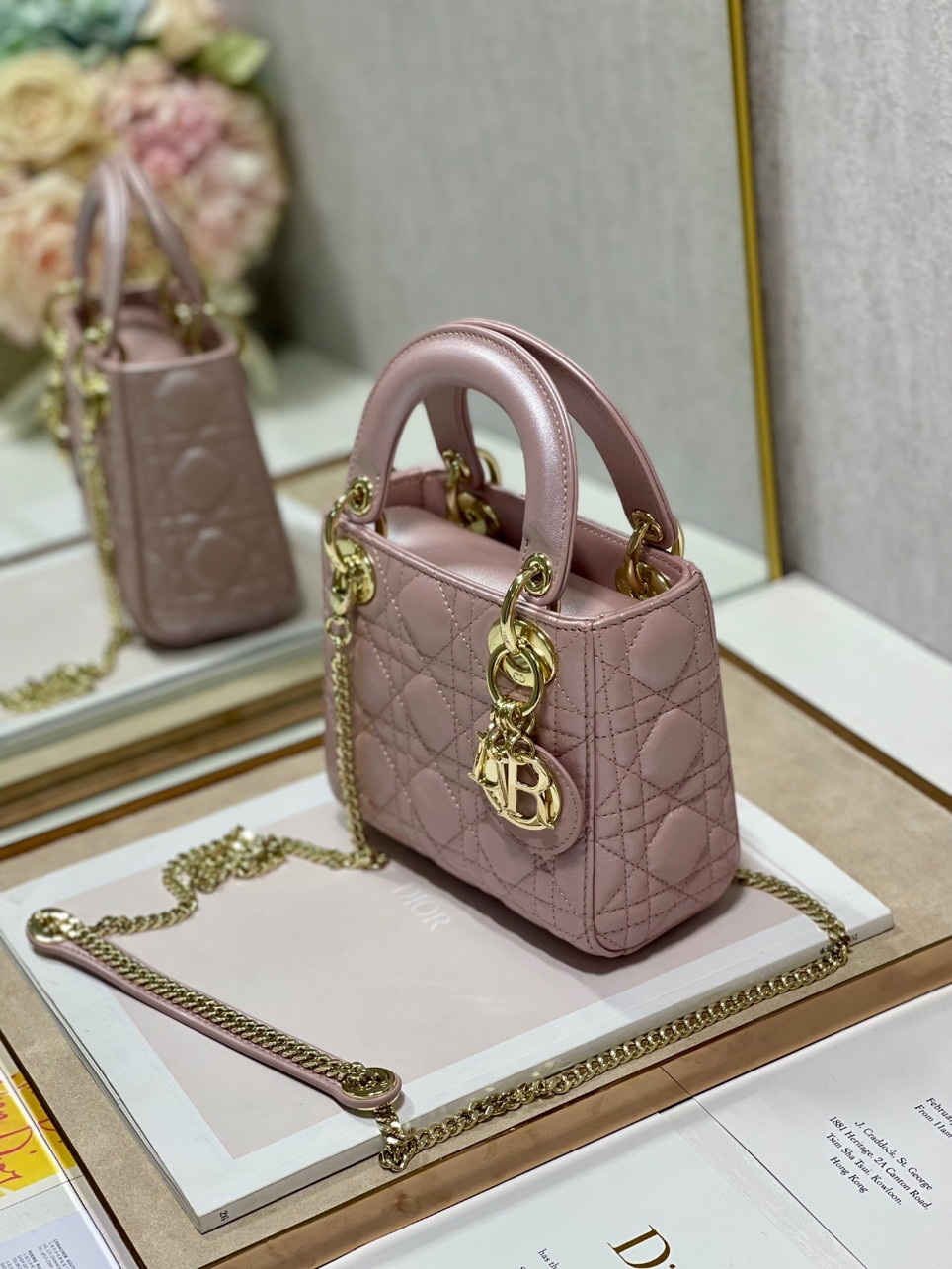 Dior Lady Dior Mini Chain Bag with Chain in Lotus Pearlescent Lambskin - Image 3