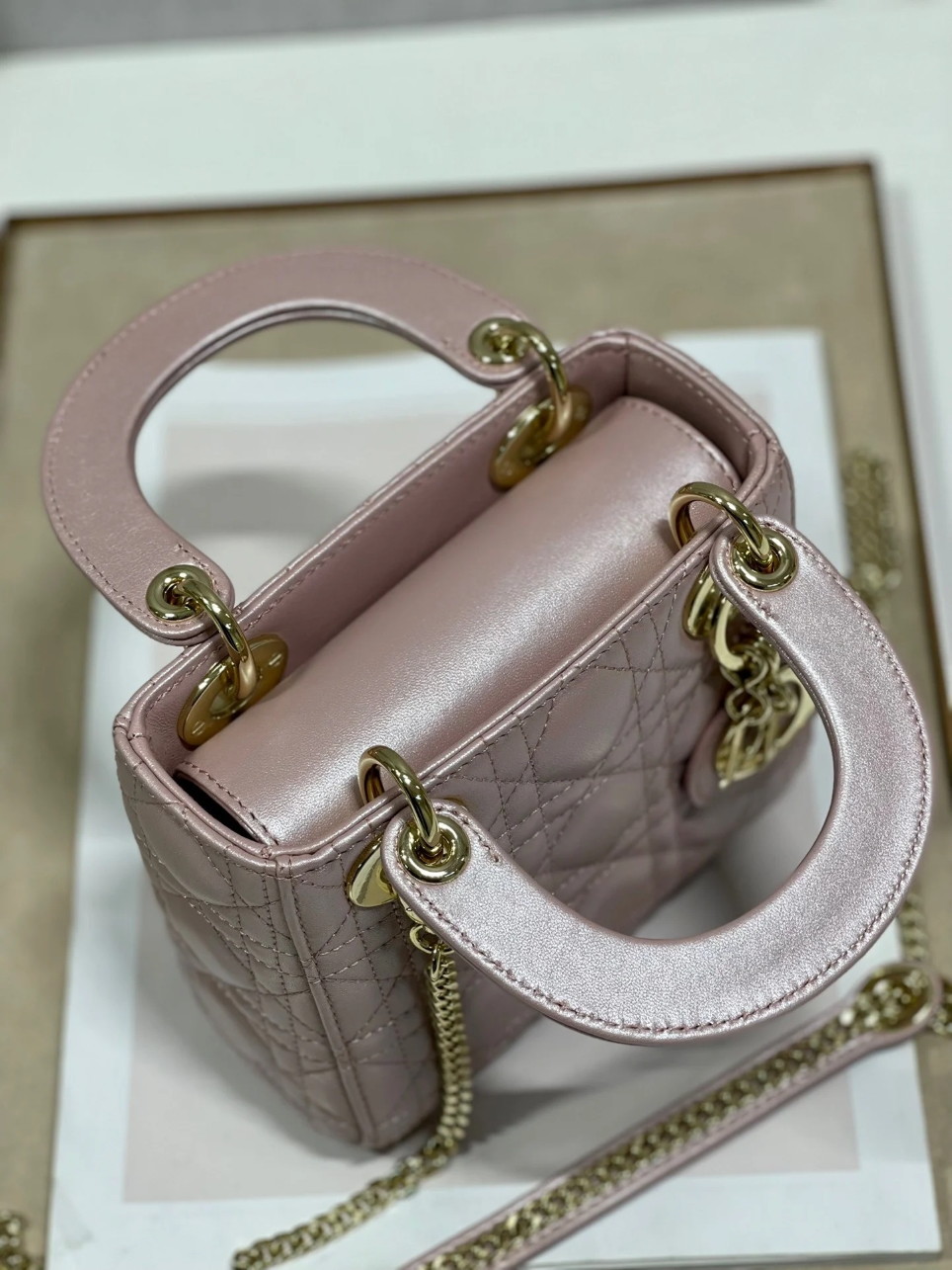 Dior Lady Dior Mini Chain Bag with Chain in Lotus Pearlescent Lambskin - Image 4