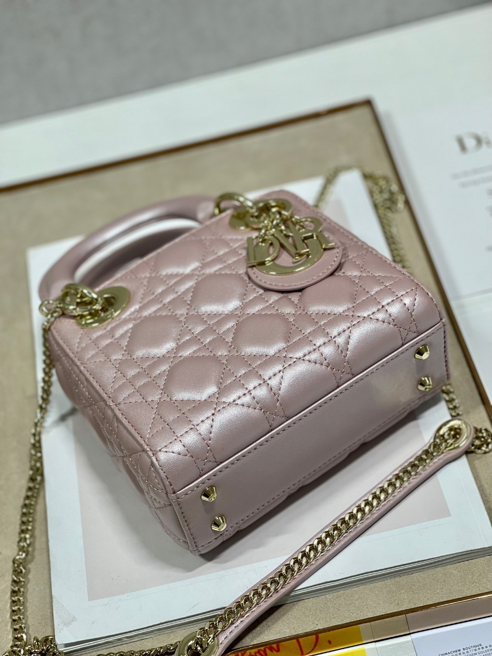 Dior Lady Dior Mini Chain Bag with Chain in Lotus Pearlescent Lambskin - Image 5