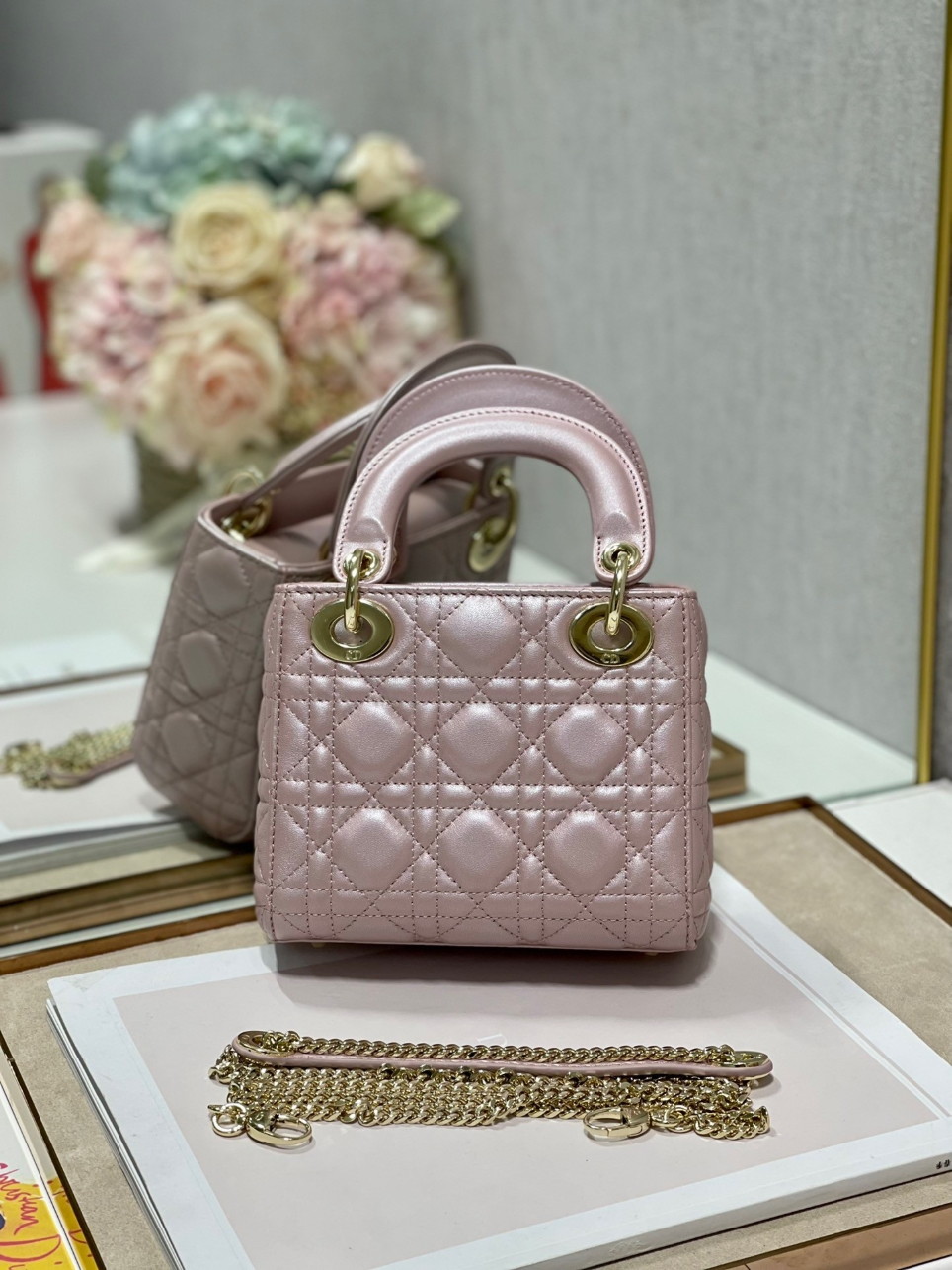 Dior Lady Dior Mini Chain Bag with Chain in Lotus Pearlescent Lambskin - Image 7