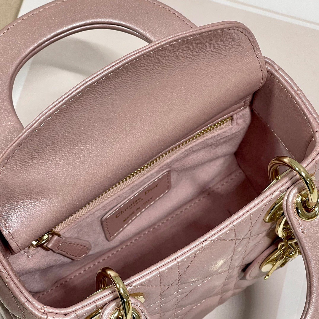 Dior Lady Dior Mini Chain Bag with Chain in Lotus Pearlescent Lambskin - Image 9