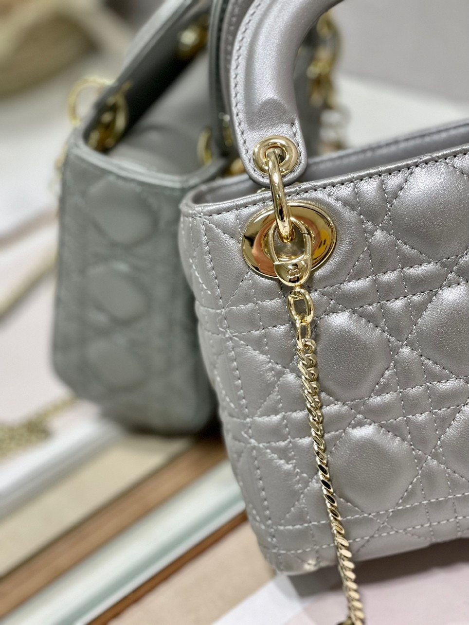 Dior Lady Dior Mini Chain Bag with Chain in Grey Pearlescent Lambskin - Image 10