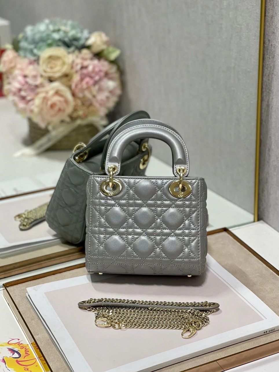 Dior Lady Dior Mini Chain Bag with Chain in Grey Pearlescent Lambskin - Image 2