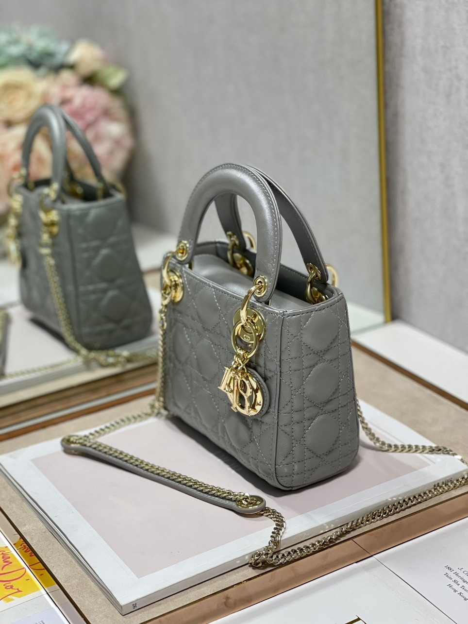 Dior Lady Dior Mini Chain Bag with Chain in Grey Pearlescent Lambskin - Image 3