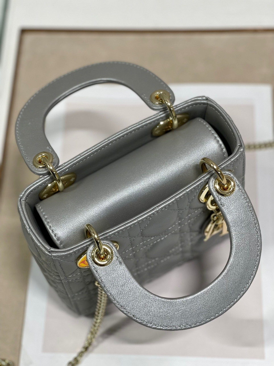 Dior Lady Dior Mini Chain Bag with Chain in Grey Pearlescent Lambskin - Image 5