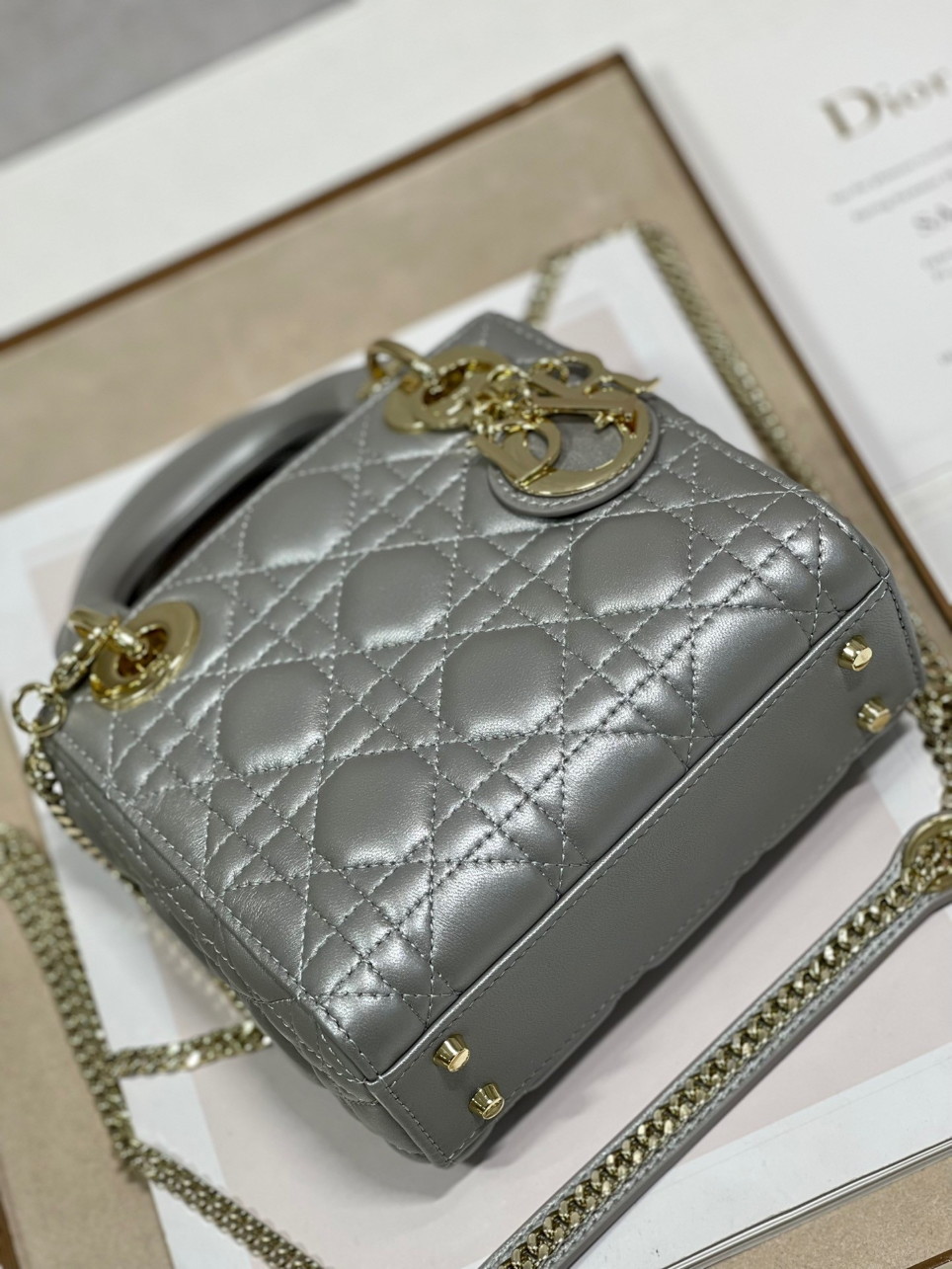 Dior Lady Dior Mini Chain Bag with Chain in Grey Pearlescent Lambskin - Image 6