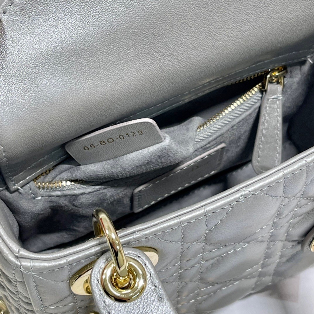 Dior Lady Dior Mini Chain Bag with Chain in Grey Pearlescent Lambskin - Image 7