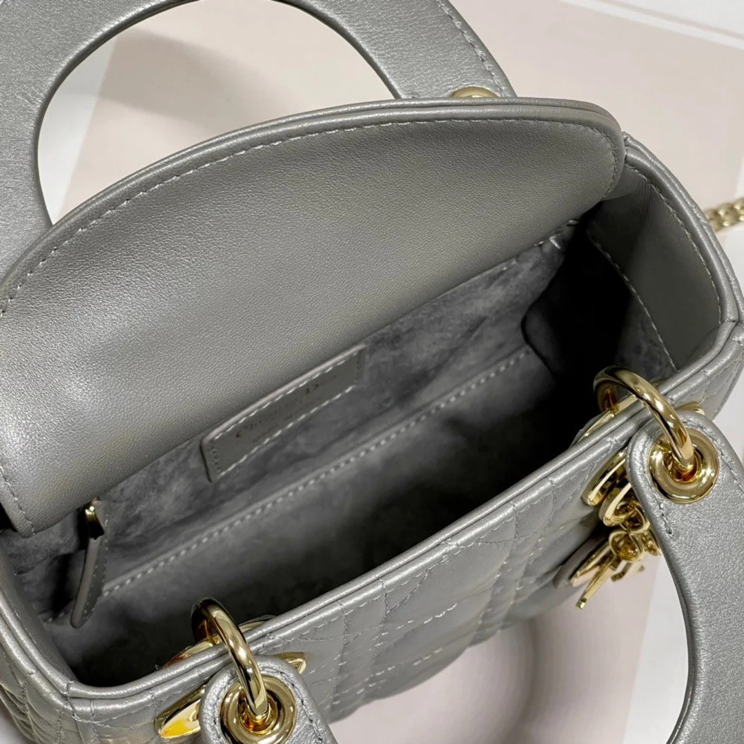 Dior Lady Dior Mini Chain Bag with Chain in Grey Pearlescent Lambskin - Image 8