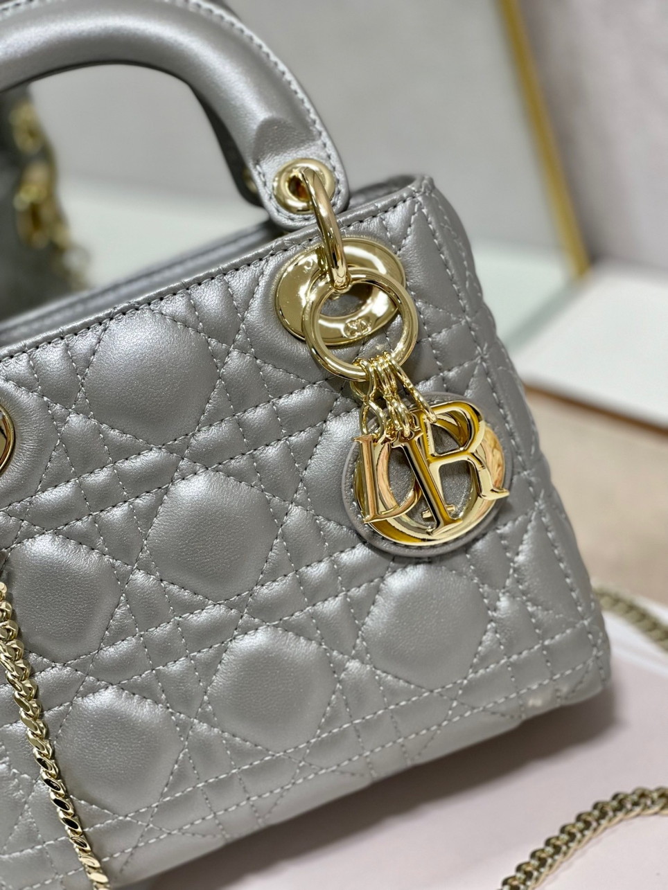 Dior Lady Dior Mini Chain Bag with Chain in Grey Pearlescent Lambskin - Image 9