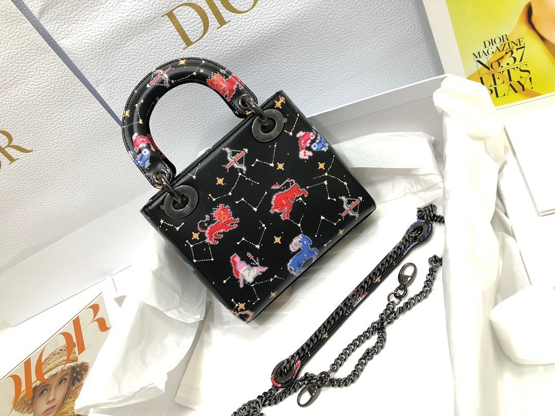 Dior Lady Dior Mini Bag in Black Calfskin with Pixel Zodiac Print - Image 10