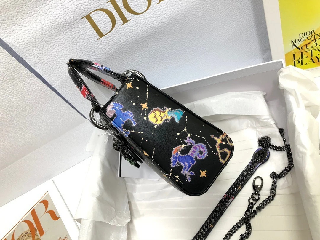 Dior Lady Dior Mini Bag in Black Calfskin with Pixel Zodiac Print - Image 6