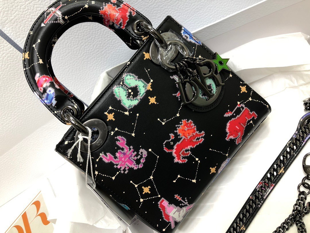 Dior Lady Dior Mini Bag in Black Calfskin with Pixel Zodiac Print - Image 9