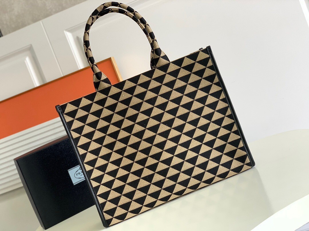 Prada Symbole Large Bag In Black/Beige Jjacquard Fabric - Image 9