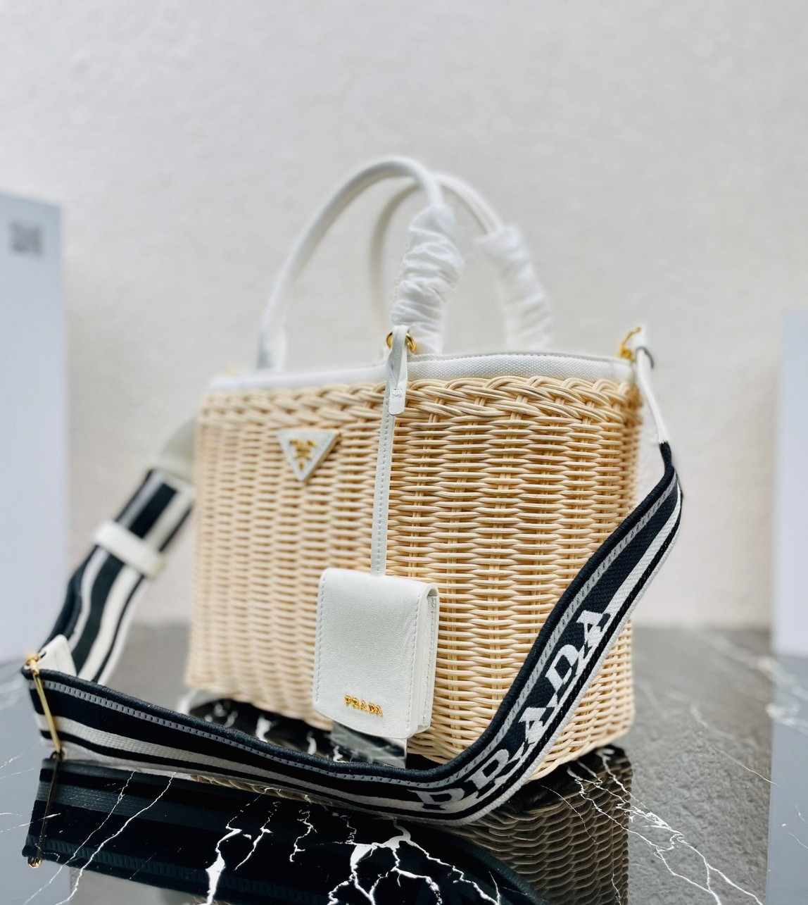 Prada Tote Bag In Wicker and White Canvas - Image 2
