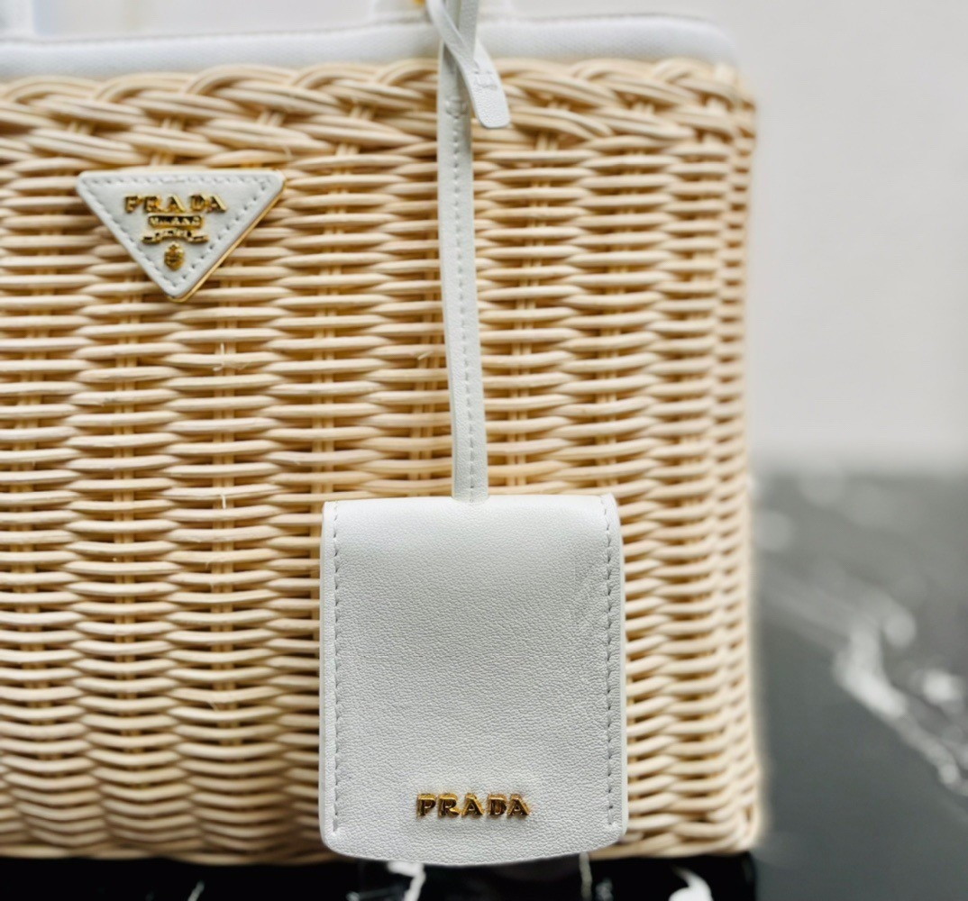Prada Tote Bag In Wicker and White Canvas - Image 3
