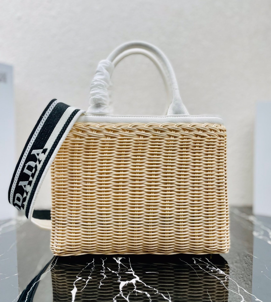 Prada Tote Bag In Wicker and White Canvas - Image 4
