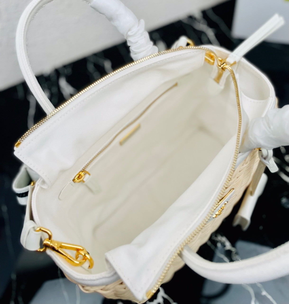 Prada Tote Bag In Wicker and White Canvas - Image 8