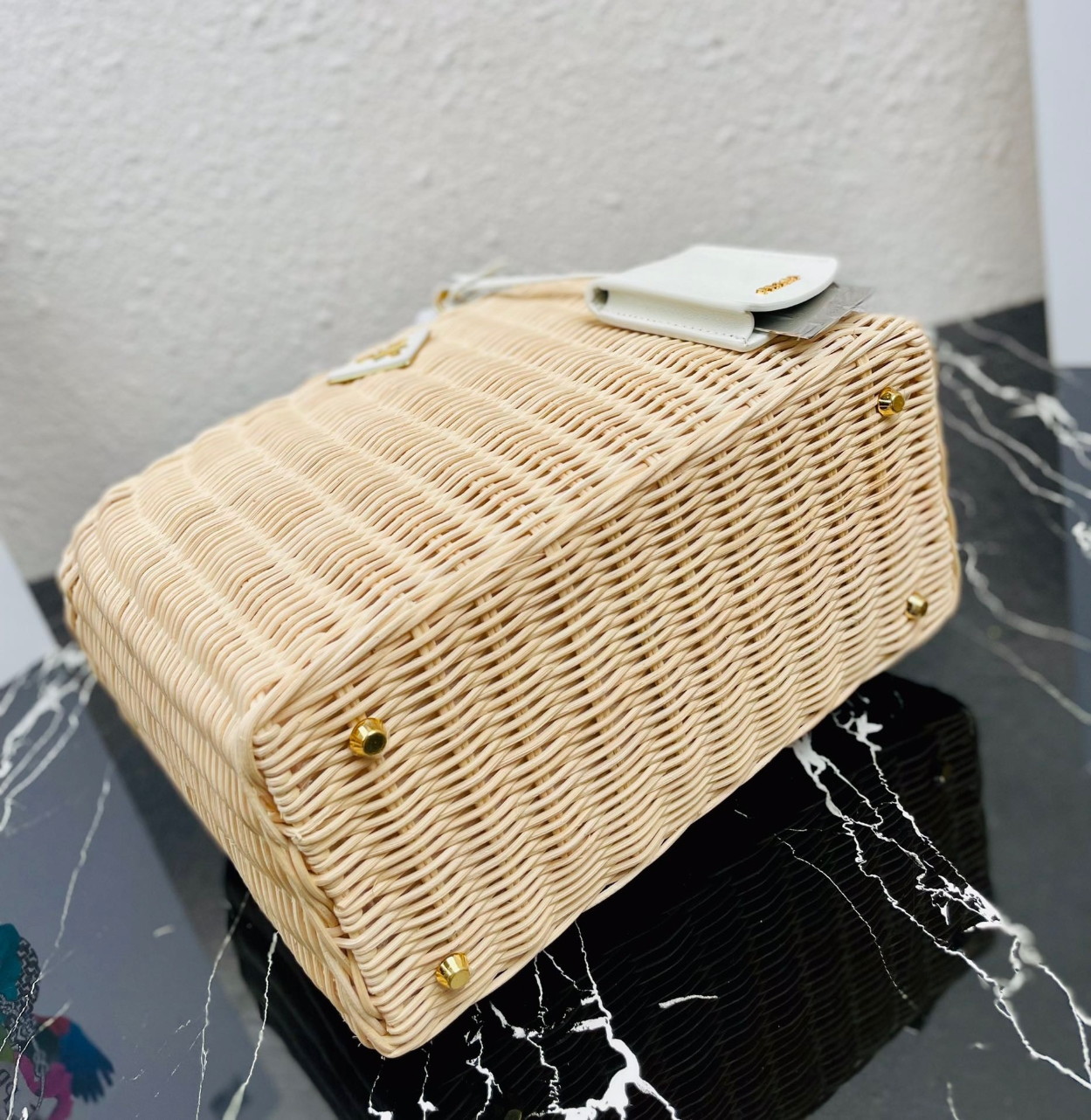 Prada Tote Bag In Wicker and White Canvas - Image 9