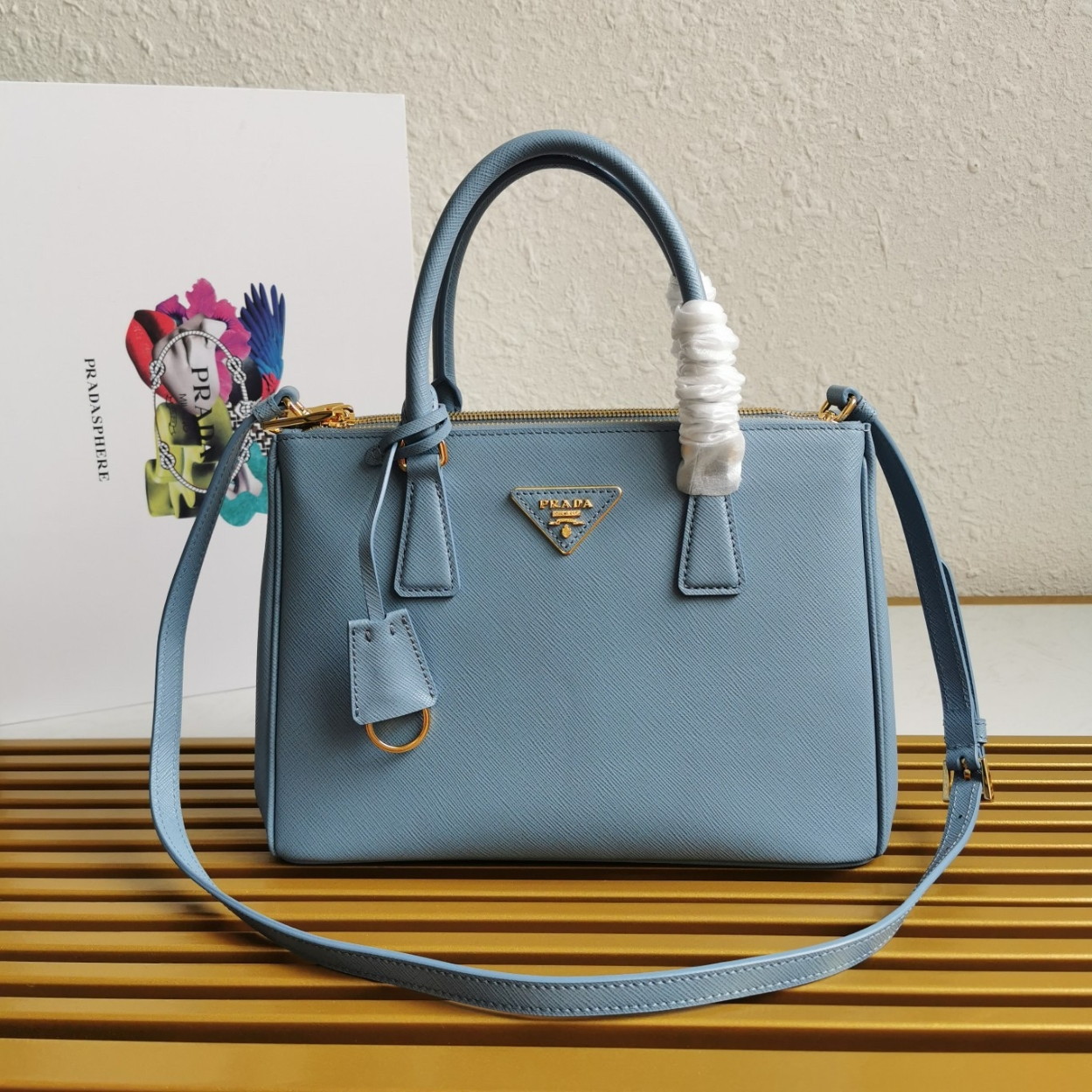 Prada Galleria Medium Bag In Celeste Saffiano Leather - Image 10