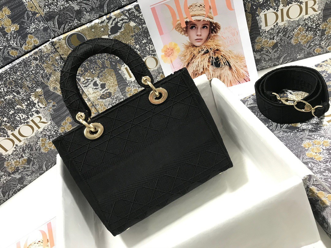 Dior Lady D-Lite Medium Bag In Black Cannage Embroidered Canvas - Image 6