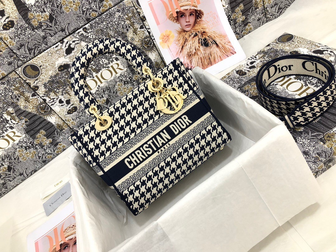 Dior Lady D-Lite Medium Bag In Black & White Houndstooth Embroidery - Image 10