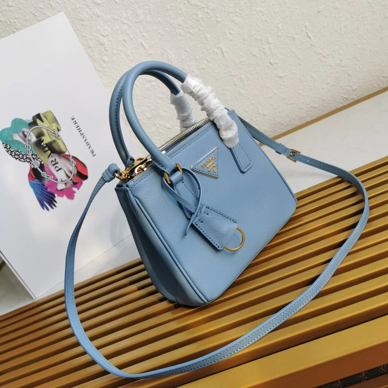 Prada Mini Galleria Bag In Light Blue Saffiano Leather - Image 4