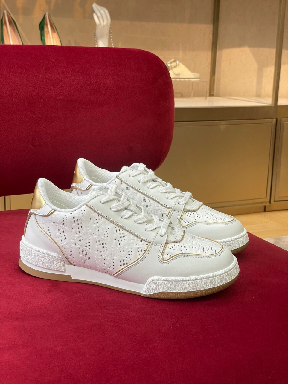 Dior One Sneakers in White and Gold Oblique Perforated Calfskin - Image 6