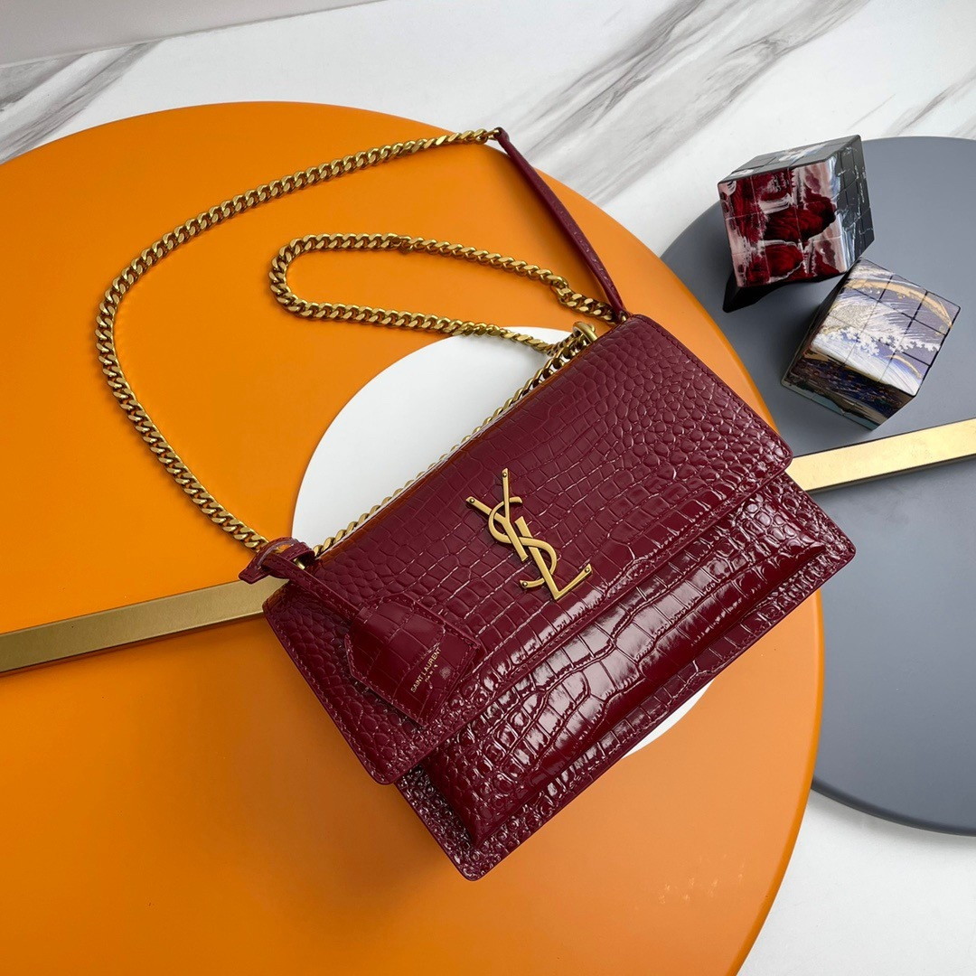 Saint Laurent Sunset Medium Chain Bag In Bordeaux Crocodile-embossed Leather - Image 4