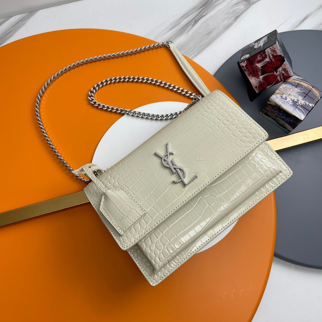 Saint Laurent Sunset Medium Chain Bag In Ivory Croc-embossed Leather - Image 7