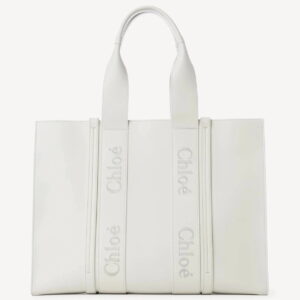 Chloe Woody Large Tote Bag In White Calfskin