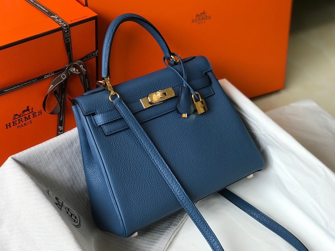 Hermes Kelly 32cm Retourne Bag in Blue Agate Clemence Leather GHW - Image 3
