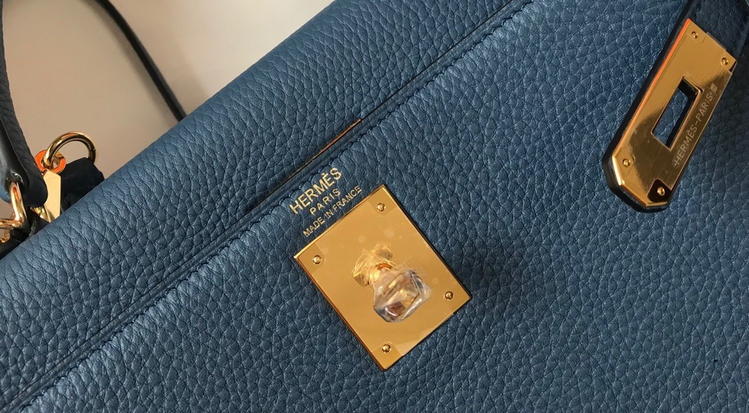 Hermes Kelly 32cm Retourne Bag in Blue Agate Clemence Leather GHW - Image 9