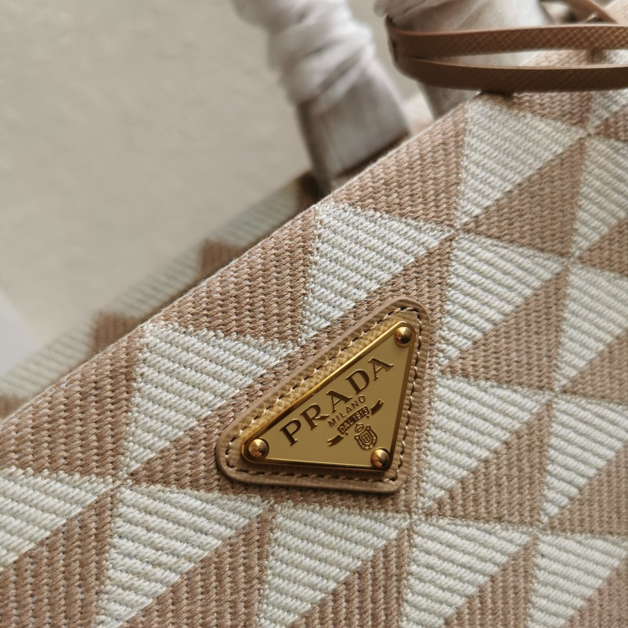 Prada Symbole Small Bag In Beige/White Jacquard Fabric - Image 10