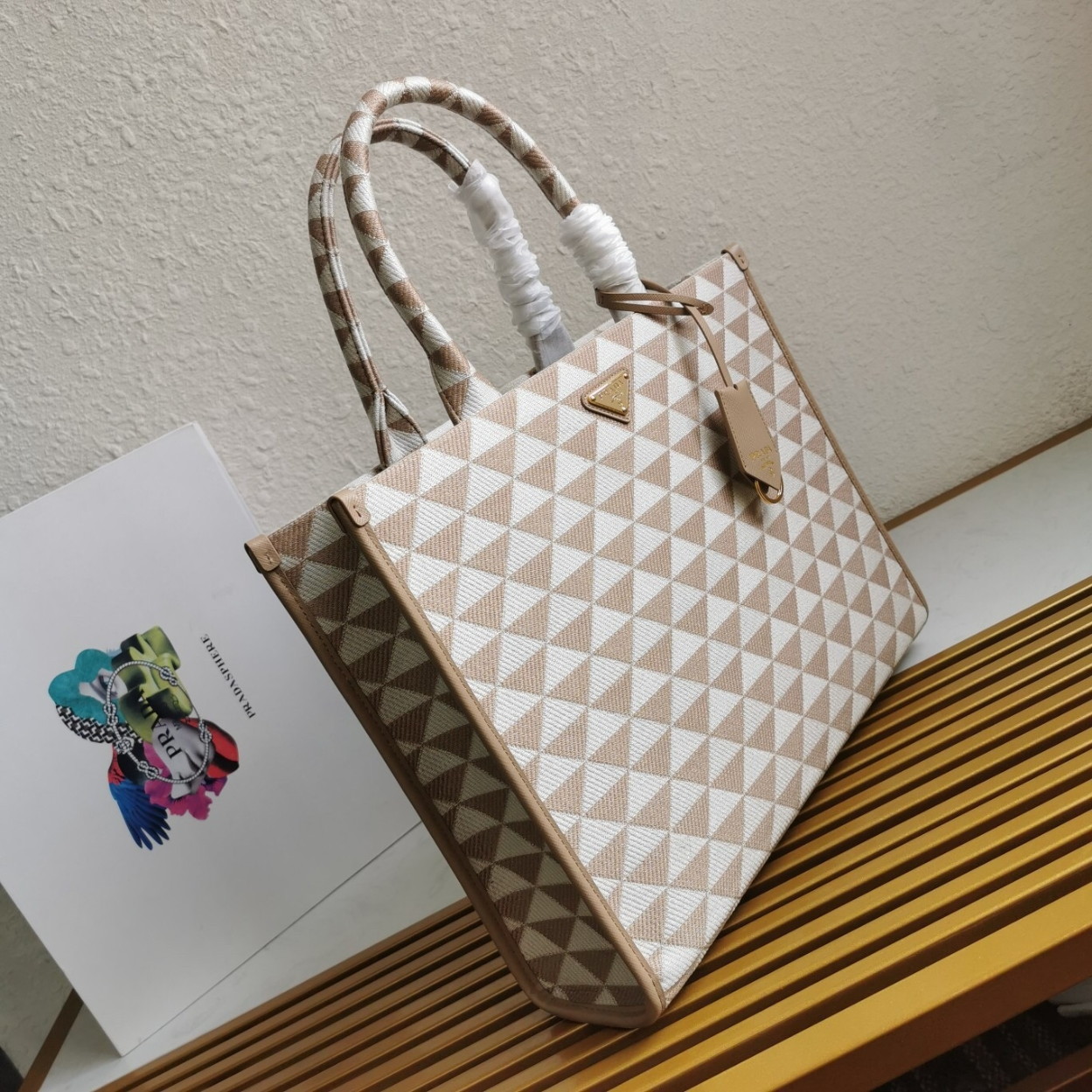 Prada Symbole Small Bag In Beige/White Jacquard Fabric - Image 4