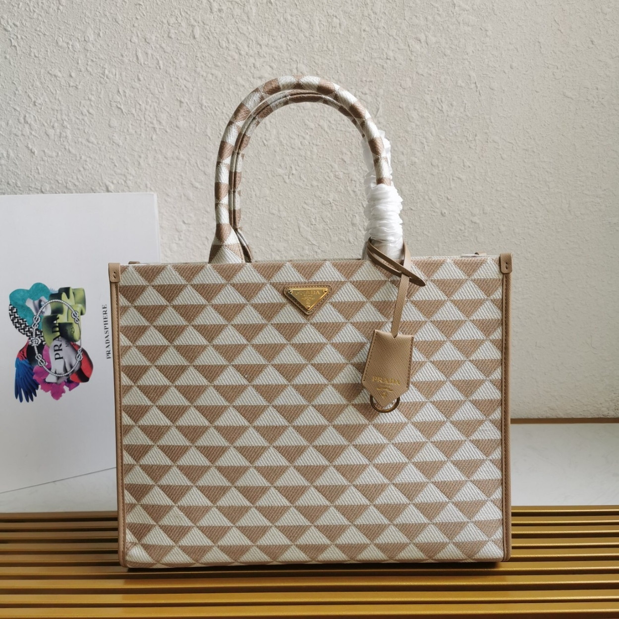 Prada Symbole Small Bag In Beige/White Jacquard Fabric - Image 5