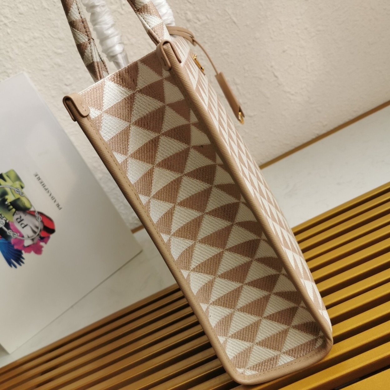 Prada Symbole Small Bag In Beige/White Jacquard Fabric - Image 6