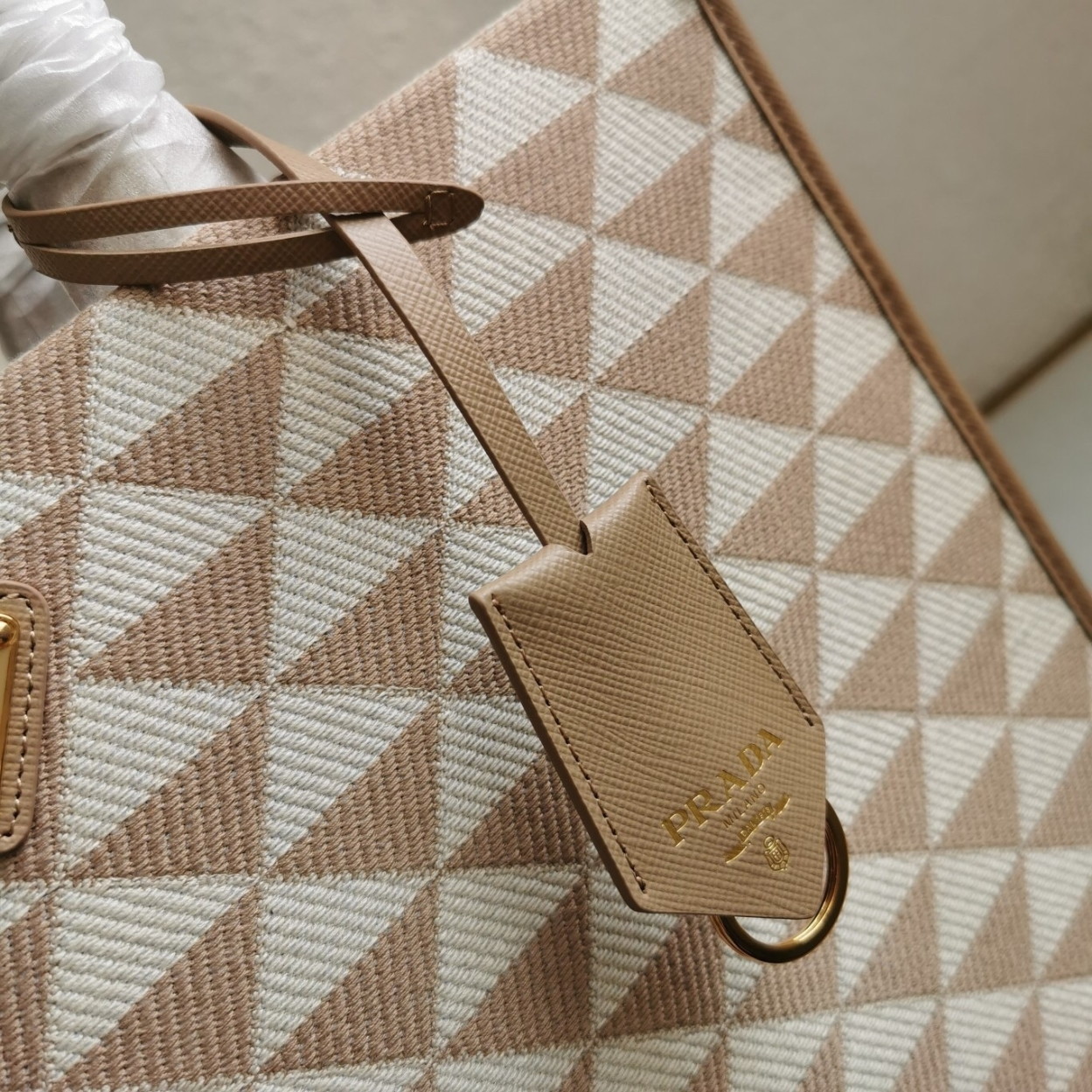 Prada Symbole Small Bag In Beige/White Jacquard Fabric - Image 9