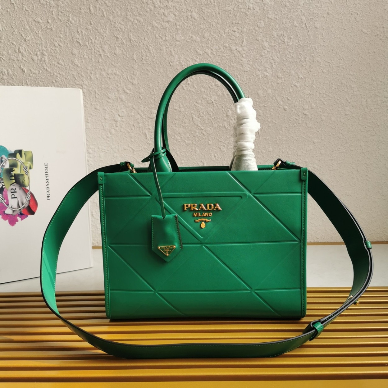 Prada Symbole Small Bag with Topstitching in Green Leather - Image 4