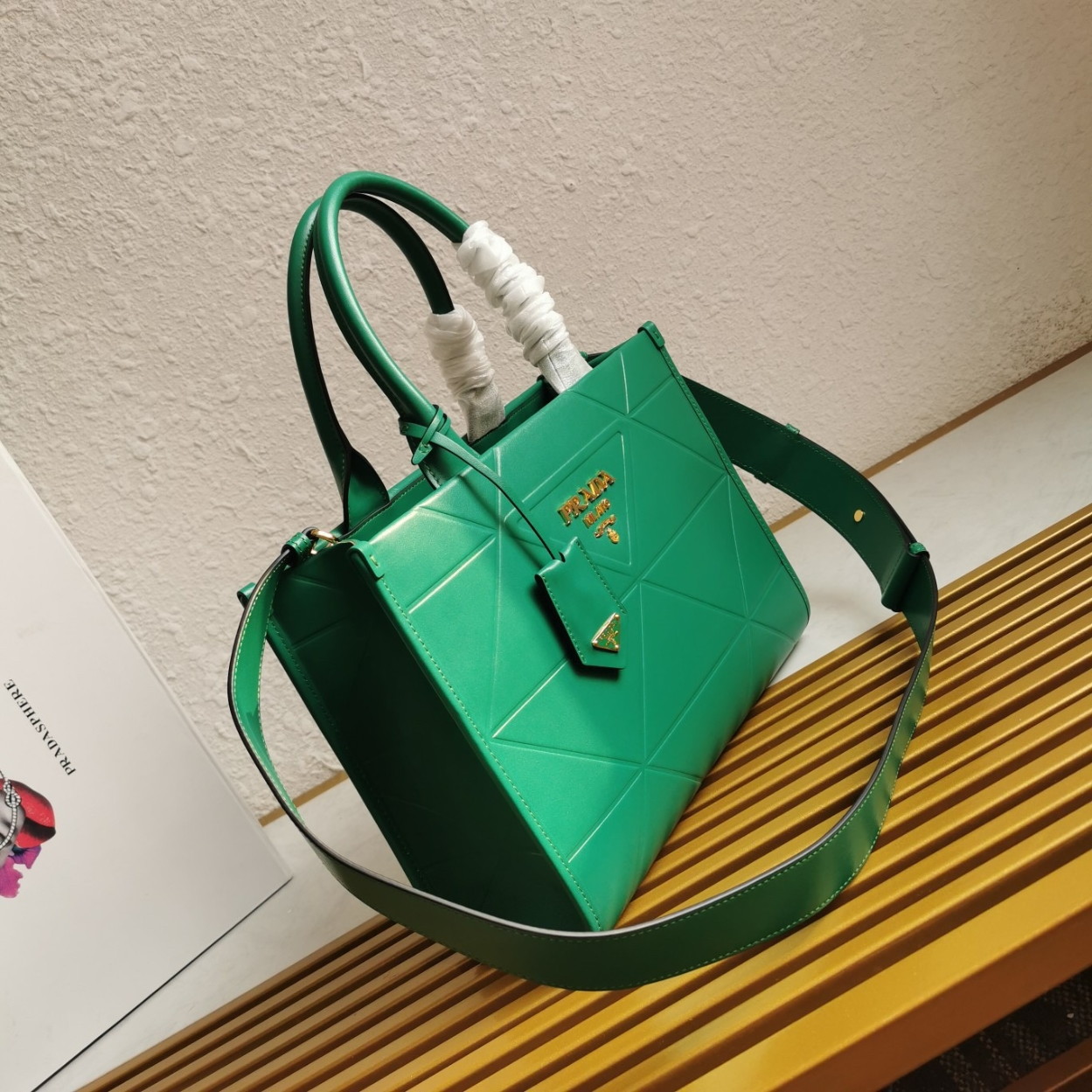Prada Symbole Small Bag with Topstitching in Green Leather - Image 5
