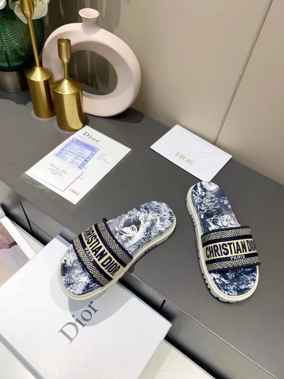 Dior Dway Slides In Blue Toile de Jouy Flowers Embroidered Cotton - Image 2