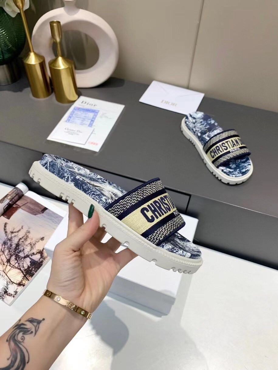 Dior Dway Slides In Blue Toile de Jouy Flowers Embroidered Cotton - Image 6