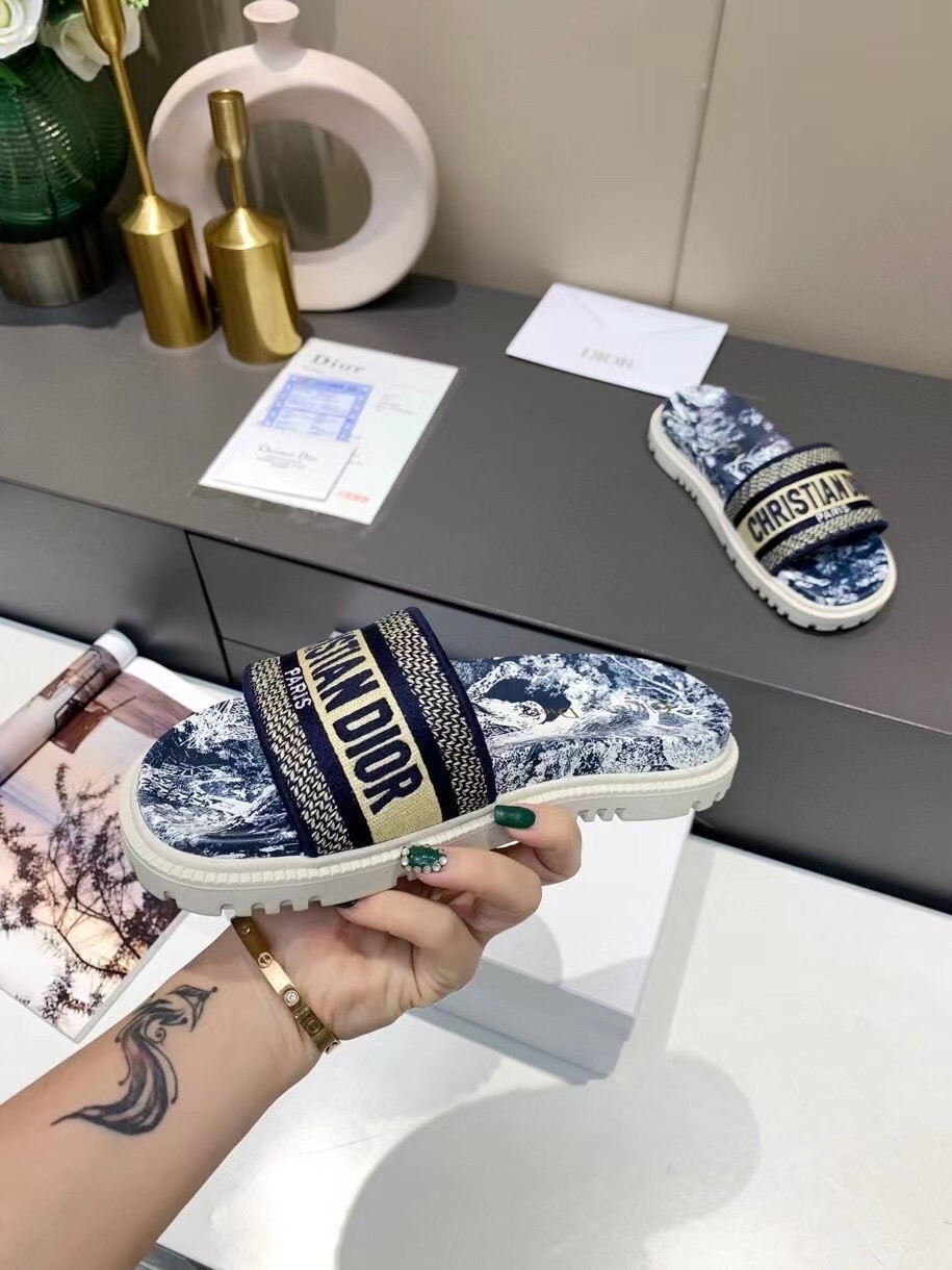 Dior Dway Slides In Blue Toile de Jouy Flowers Embroidered Cotton - Image 7