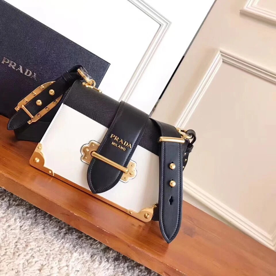 Prada Cahier Shoulder Bag In White/Black Leather - Image 2